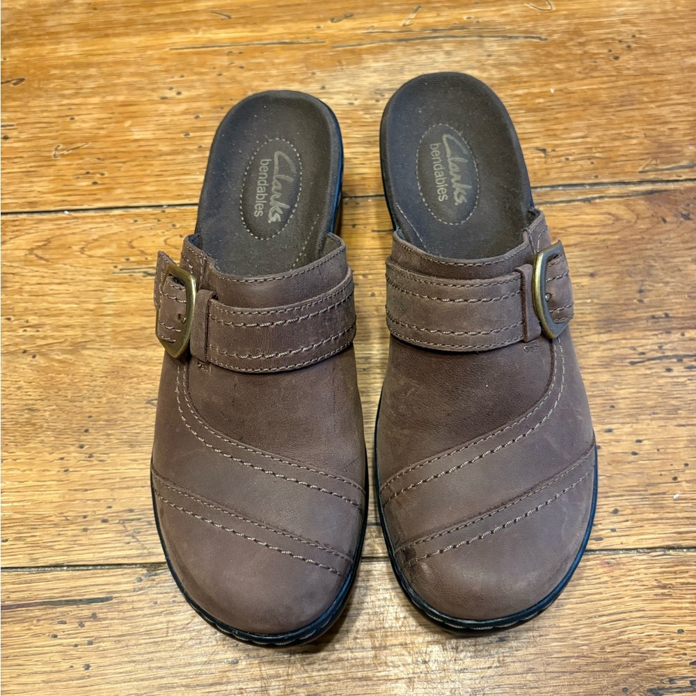 Clarks Brown Leather Bendable Buckle Clogs